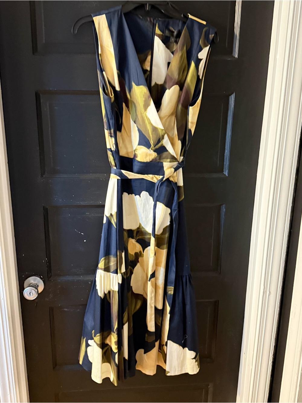 Donna Karan Navy Floral Wrap Midi Dress with Yellow and Cream Blooms